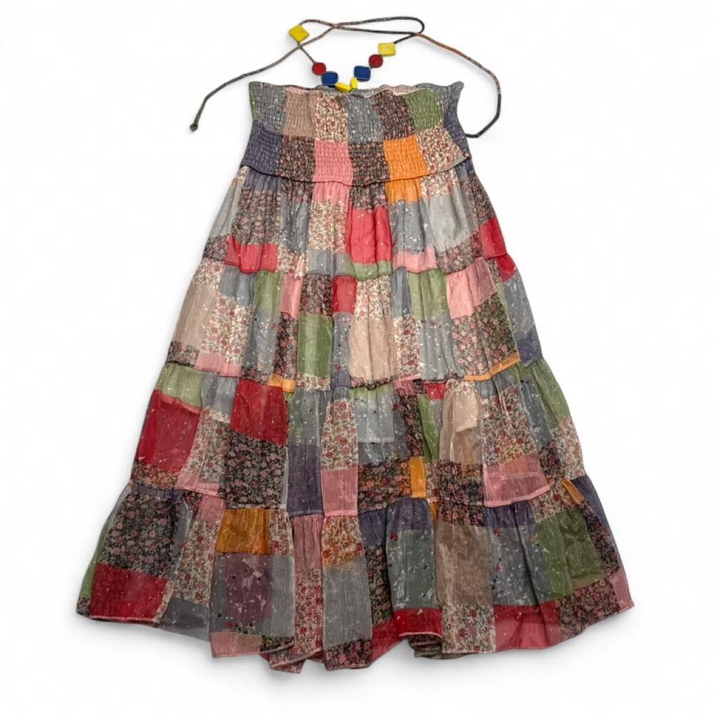 Patchwork Halter Neck midi dress floral and solid fabric panels in colors size M - Picture 5 of 6